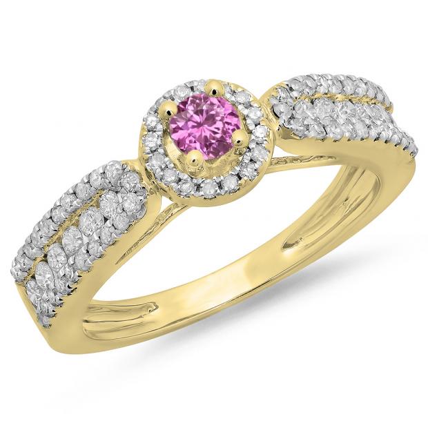 0.80 Carat (ctw) 14K Yellow Gold Round Cut Pink Sapphire & White Diamond Ladies Bridal Vintage Halo Style Engagement Ring 3/4 CT