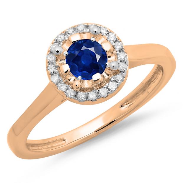 0.50 Carat (ctw) 14K Rose Gold Round Blue Sapphire & White Diamond Ladies Bridal Halo Style Engagement Ring 1/2 CT