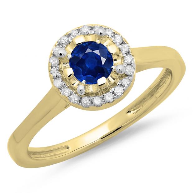 0.50 Carat (ctw) 14K Yellow Gold Round Blue Sapphire & White Diamond Ladies Bridal Halo Style Engagement Ring 1/2 CT