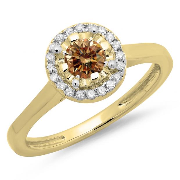 0.50 Carat (ctw) 14K Yellow Gold Round Champagne & White Diamond Ladies Bridal Halo Style Engagement Ring 1/2 CT