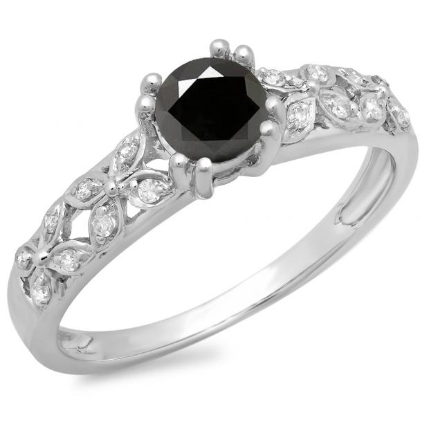 0.60 Carat (ctw) 10K White Gold Round Cut Black & White Diamond Ladies Bridal Vintage Style Engagement Ring