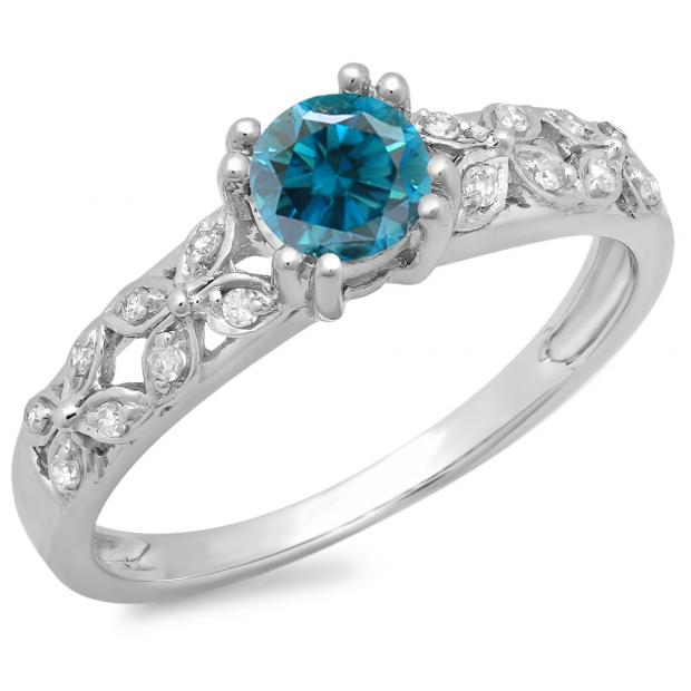 0.60 Carat (ctw) 14K White Gold Round Cut Blue & White Diamond Ladies Bridal Vintage Style Engagement Ring