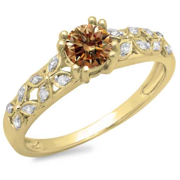 0.60 Carat (ctw) 10K Yellow Gold Round Cut Champagne & White Diamond Ladies Bridal Vintage Style Engagement Ring