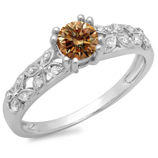 0.60 Carat (ctw) 14K White Gold Round Cut Champagne & White Diamond Ladies Bridal Vintage Style Engagement Ring