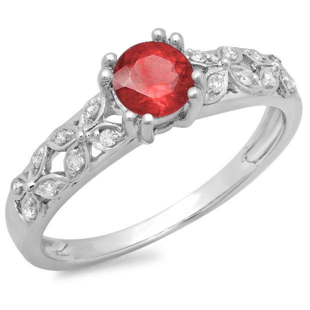 0.60 Carat (ctw) 14K White Gold Round Cut Red Ruby & White Diamond Ladies Bridal Vintage Style Engagement Ring