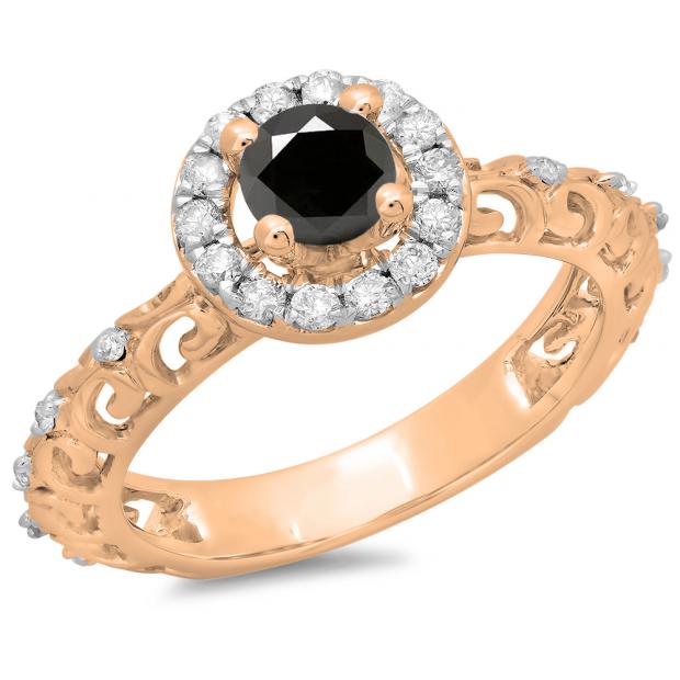 0.80 Carat (ctw) 18K Rose Gold Round Cut Black & White Diamond Ladies Bridal Vintage Halo Style Engagement Ring 3/4 CT