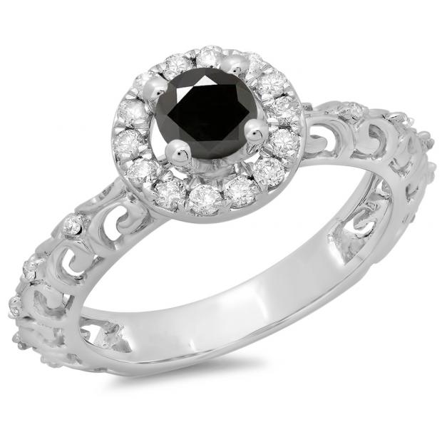 0.80 Carat (ctw) 18K White Gold Round Cut Black & White Diamond Ladies Bridal Vintage Halo Style Engagement Ring 3/4 CT