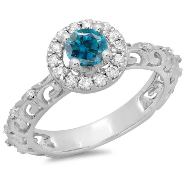0.80 Carat (ctw) 18K White Gold Round Cut Blue & White Diamond Ladies Bridal Vintage Halo Style Engagement Ring 3/4 CT