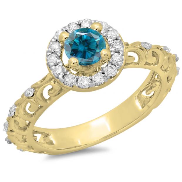 0.80 Carat (ctw) 18K Yellow Gold Round Cut Blue & White Diamond Ladies Bridal Vintage Halo Style Engagement Ring 3/4 CT