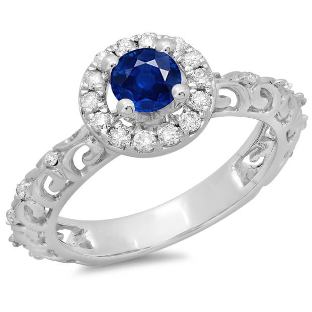0.80 Carat (ctw) 18K White Gold Round Cut Blue Sapphire & White Diamond Ladies Bridal Vintage Halo Style Engagement Ring 3/4 CT