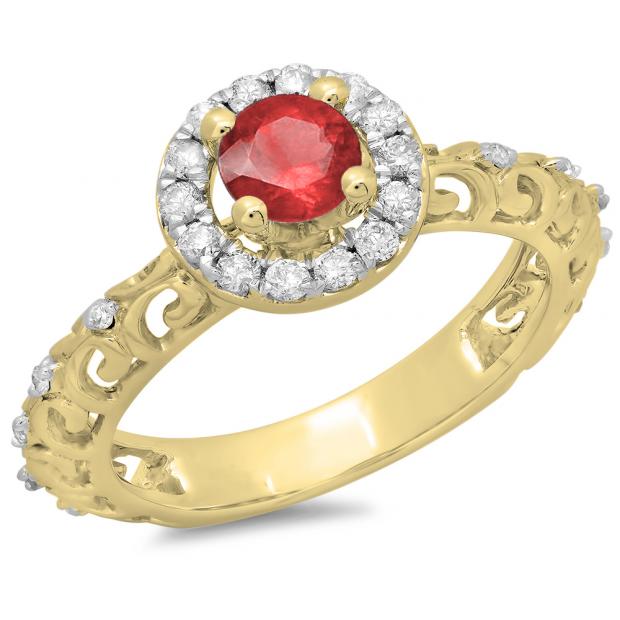 0.80 Carat (ctw) 18K Yellow Gold Round Cut Red Ruby & White Diamond Ladies Bridal Vintage Halo Style Engagement Ring 3/4 CT