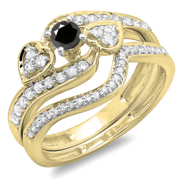 0.75 Carat (ctw) 10K Yellow Gold Round Black & White Diamond Ladies Bridal Engagement Ring With Two Wedding Bands 3 Piece Set 3/4 CT