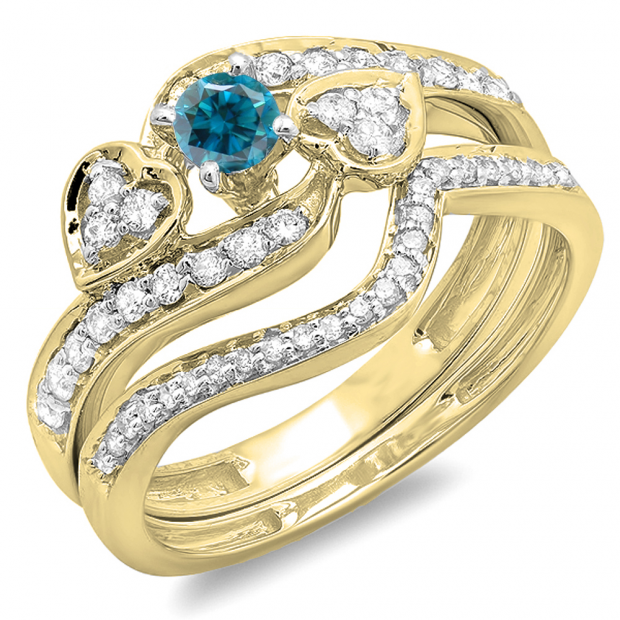 0.75 Carat (ctw) 10K Yellow Gold Round Blue & White Diamond Ladies Bridal Engagement Ring With Two Wedding Bands 3 Piece Set 3/4 CT