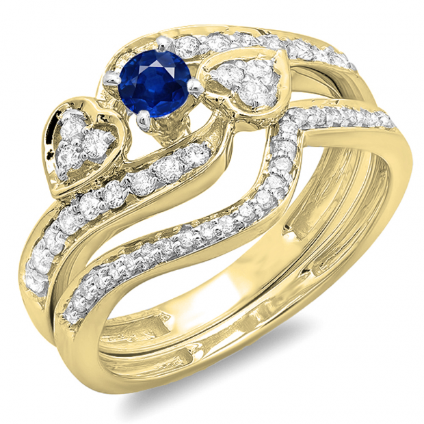 0.75 Carat (ctw) 10K Yellow Gold Round Blue Sapphire & White Diamond Ladies Bridal Engagement Ring With Two Wedding Bands 3 Piece Set 3/4 CT