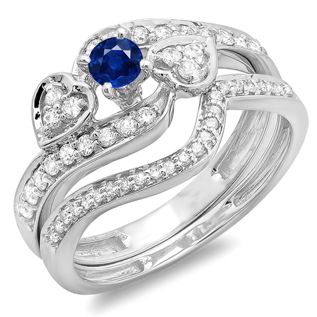 0.75 Carat (ctw) 14K White Gold Round Blue Sapphire & White Diamond Ladies Bridal Engagement Ring With Two Wedding Bands 3 Piece Set 3/4 CT