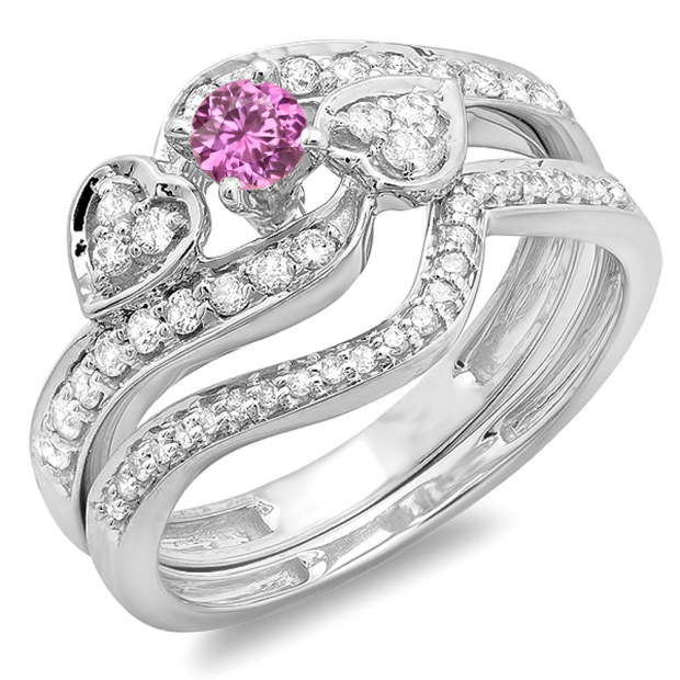 0.75 Carat (ctw) 10K White Gold Round Pink Sapphire & White Diamond Ladies Bridal Engagement Ring With Two Wedding Bands 3 Piece Set 3/4 CT