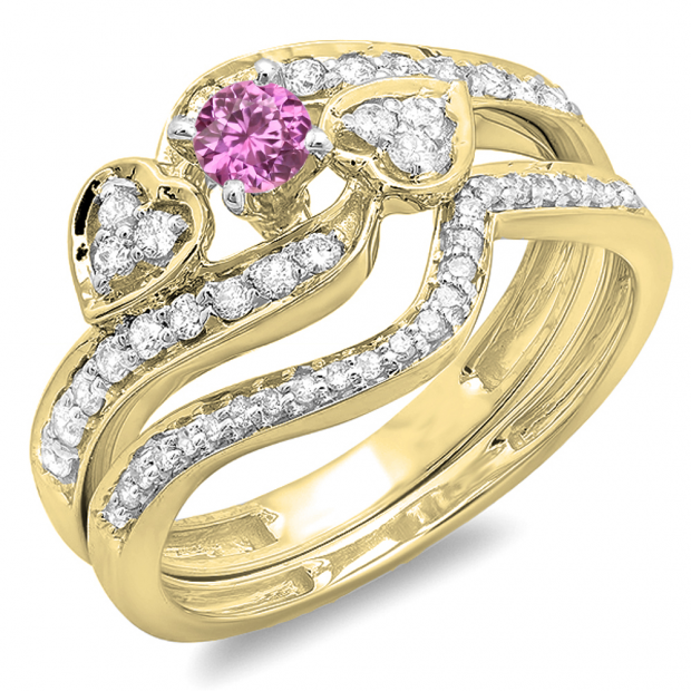 0.75 Carat (ctw) 10K Yellow Gold Round Pink Sapphire & White Diamond Ladies Bridal Engagement Ring With Two Wedding Bands 3 Piece Set 3/4 CT