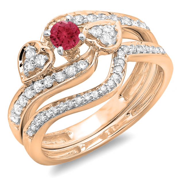 0.75 Carat (ctw) 10K Rose Gold Round Red Ruby & White Diamond Ladies Bridal Engagement Ring With Two Wedding Bands 3 Piece Set 3/4 CT