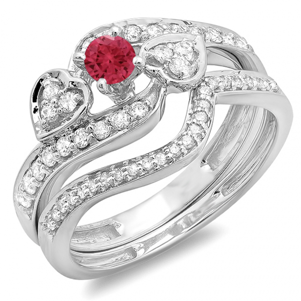 0.75 Carat (ctw) 10K White Gold Round Red Ruby & White Diamond Ladies Bridal Engagement Ring With Two Wedding Bands 3 Piece Set 3/4 CT