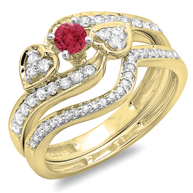0.75 Carat (ctw) 10K Yellow Gold Round Red Ruby & White Diamond Ladies Bridal Engagement Ring With Two Wedding Bands 3 Piece Set 3/4 CT