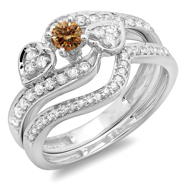 0.75 Carat (ctw) 10K White Gold Round Champagne & White Diamond Ladies Bridal Engagement Ring With Two Wedding Bands 3 Piece Set 3/4 CT