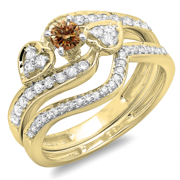 0.75 Carat (ctw) 10K Yellow Gold Round Champagne & White Diamond Ladies Bridal Engagement Ring With Two Wedding Bands 3 Piece Set 3/4 CT