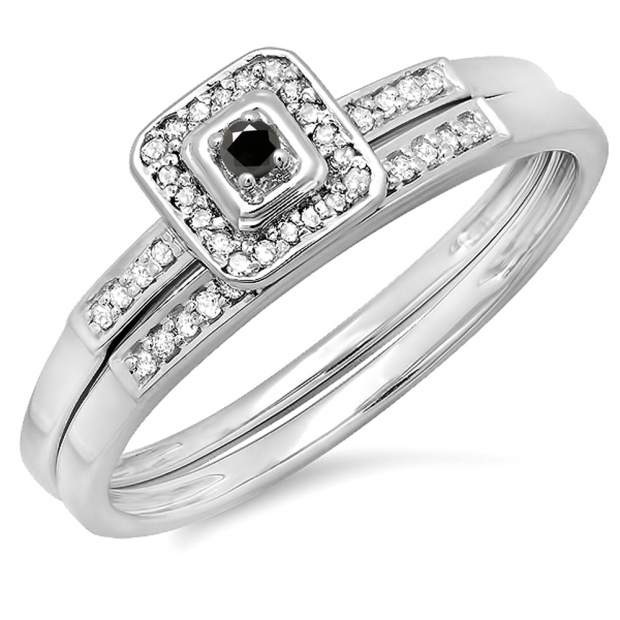 0.15 Carat (ctw) 10K White Gold Round Black & White Diamond Ladies Halo Engagement Bridal Ring Set Matching Wedding Band