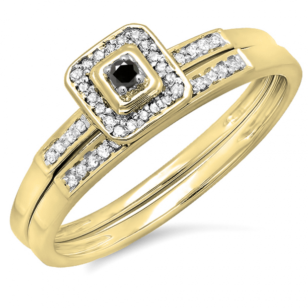 0.15 Carat (ctw) 10K Yellow Gold Round Black & White Diamond Ladies Halo Engagement Bridal Ring Set Matching Wedding Band
