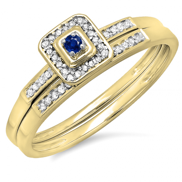0.15 Carat (ctw) 10K Yellow Gold Round Blue Sapphire & White Diamond Ladies Halo Engagement Bridal Ring Set Matching Wedding Band
