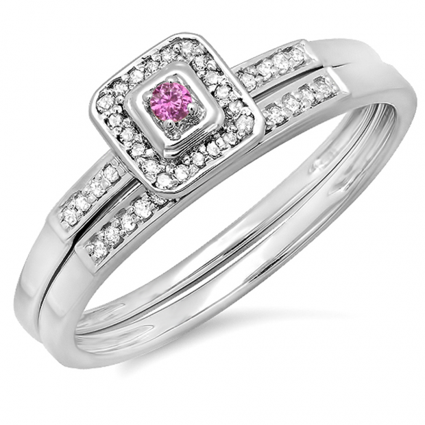 0.15 Carat (ctw) 10K White Gold Round Pink Sapphire & White Diamond Ladies Halo Engagement Bridal Ring Set Matching Wedding Band