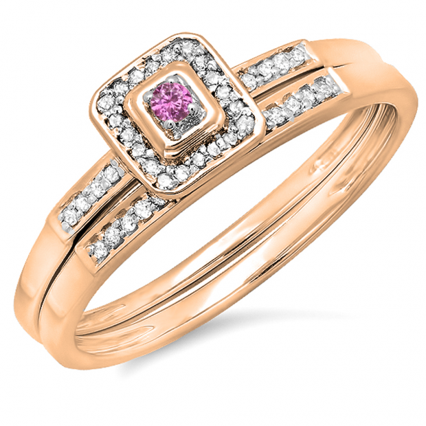 0.15 Carat (ctw) 14K Rose Gold Round Pink Sapphire & White Diamond Ladies Halo Engagement Bridal Ring Set Matching Wedding Band