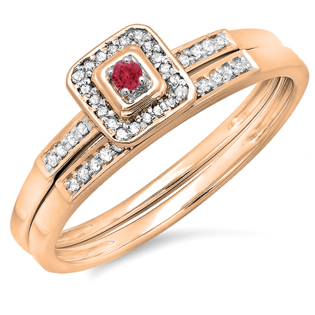 0.15 Carat (ctw) 10K Rose Gold Round Red Ruby & White Diamond Ladies Halo Engagement Bridal Ring Set Matching Wedding Band