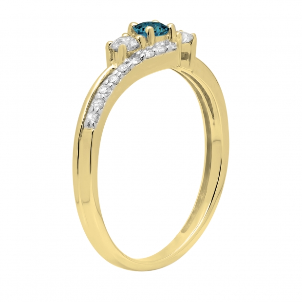 0.14 Carat Blue & 0.31 Carat White Diamond 3 Stone Engagement Ring For Women in 10K Yellow Gold