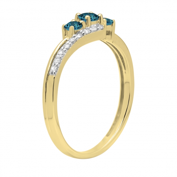 0.28 Carat Blue & 0.17 Carat White Diamond 3 Stone Engagement Ring For Women in 10K Yellow Gold