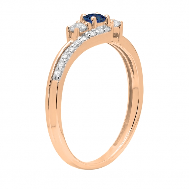 Blue Sapphire & 0.31 Carat White Diamond 3 Stone Engagement Ring For Women in 10K Rose Gold