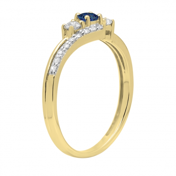 Blue Sapphire & 0.31 Carat White Diamond 3 Stone Engagement Ring For Women in 10K Yellow Gold