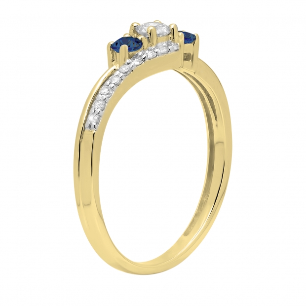 Blue Sapphire & 0.31 Carat White Diamond 3 Stone Engagement Ring For Women in 10K Yellow Gold