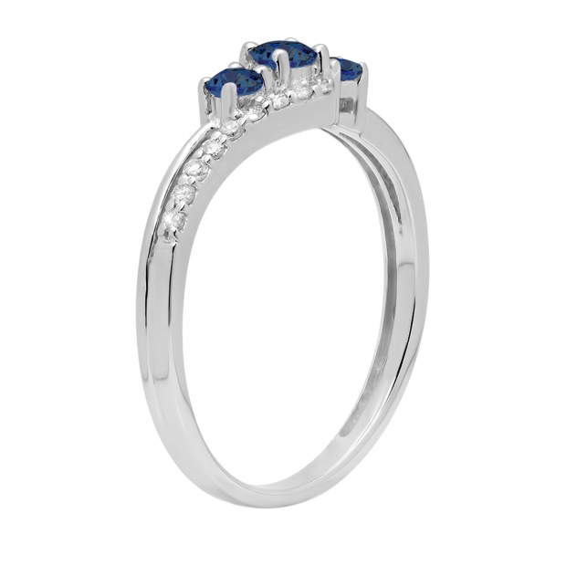 Blue Sapphire & 0.17 Carat White Diamond 3 Stone Engagement Ring For Women in 10K White Gold
