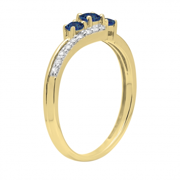 Blue Sapphire & 0.17 Carat White Diamond 3 Stone Engagement Ring For Women in 10K Yellow Gold