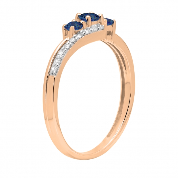 Blue Sapphire & 0.17 Carat White Diamond 3 Stone Engagement Ring For Women in 14K Rose Gold