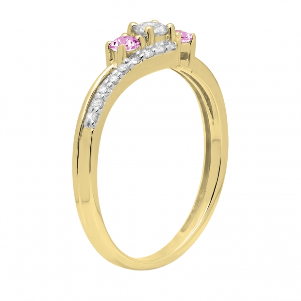 Pink Sapphire & 0.31 Carat White Diamond 3 Stone Engagement Ring For Women in 10K Yellow Gold