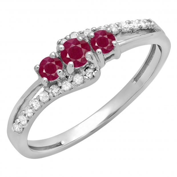 Ruby & 0.17 Carat White Diamond 3 Stone Engagement Ring For Women in 10K White Gold