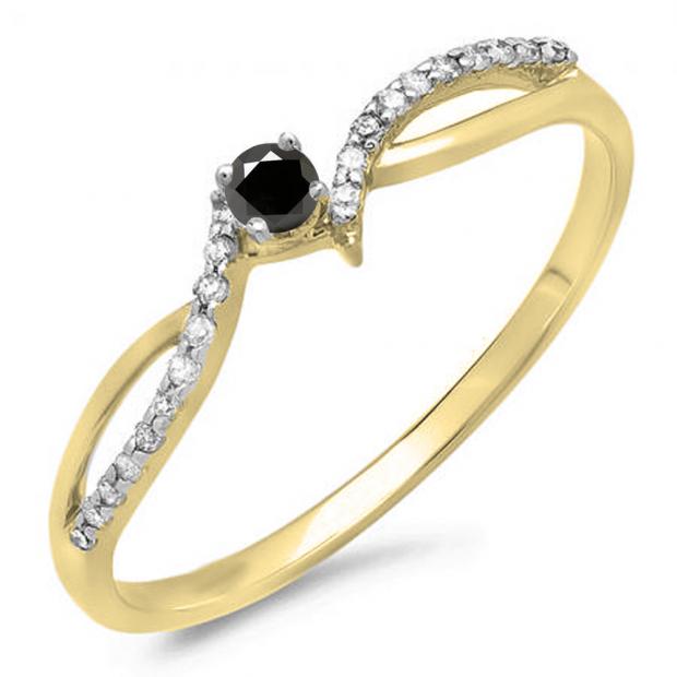 0.15 Carat (ctw) 10K Yellow Gold Round Black & White Diamond Ladies Crossover Split Shank Bridal Promise Engagement Ring