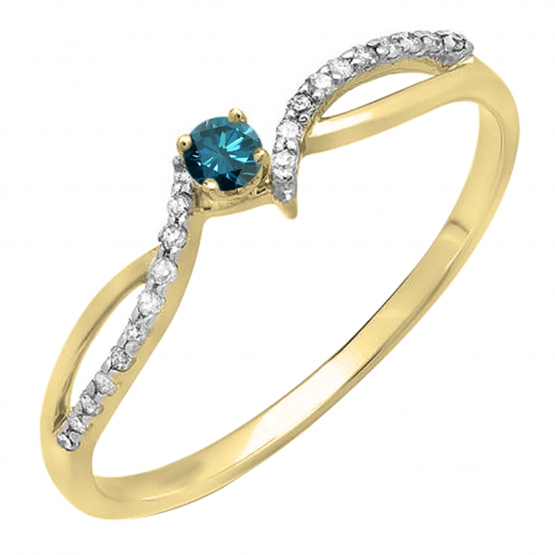 0.15 Carat (ctw) 18K Yellow Gold Round Blue & White Diamond Ladies Crossover Split Shank Bridal Promise Engagement Ring