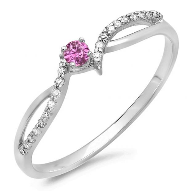 0.15 Carat (ctw) 18K White Gold Round Pink Sapphire & White Diamond Ladies Crossover Split Shank Bridal Promise Engagement Ring