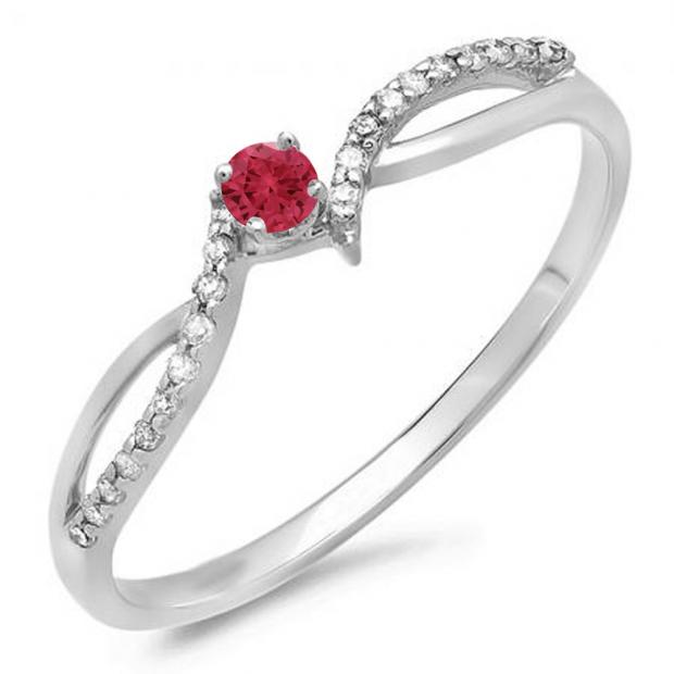 0.15 Carat (ctw) 18K White Gold Round Red Ruby & White Diamond Ladies Crossover Split Shank Bridal Promise Engagement Ring