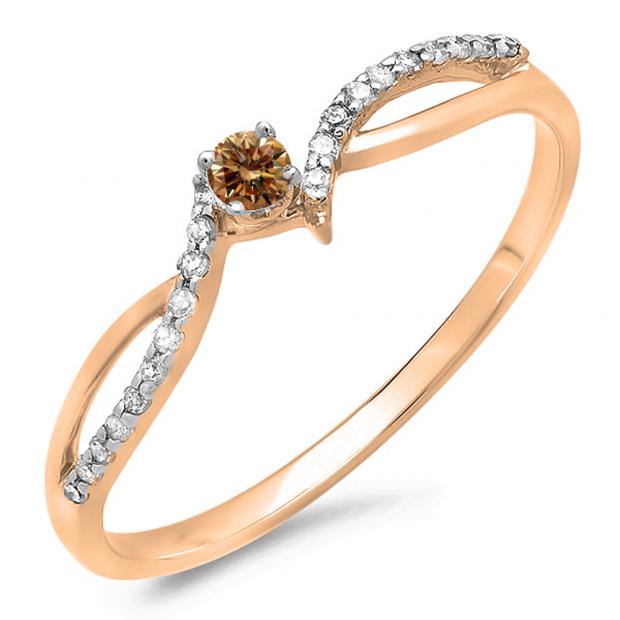 0.15 Carat (ctw) 10K Rose Gold Round Champagne & White Diamond Ladies Crossover Split Shank Bridal Promise Engagement Ring