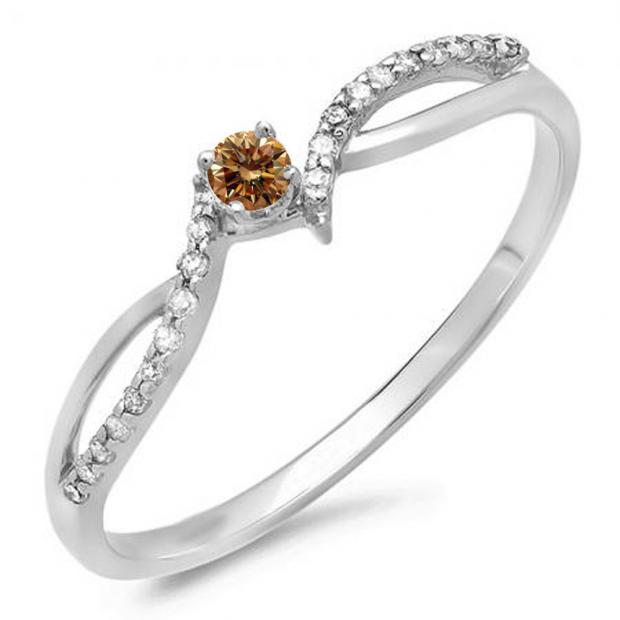 0.15 Carat (ctw) 10K White Gold Round Champagne & White Diamond Ladies Crossover Split Shank Bridal Promise Engagement Ring
