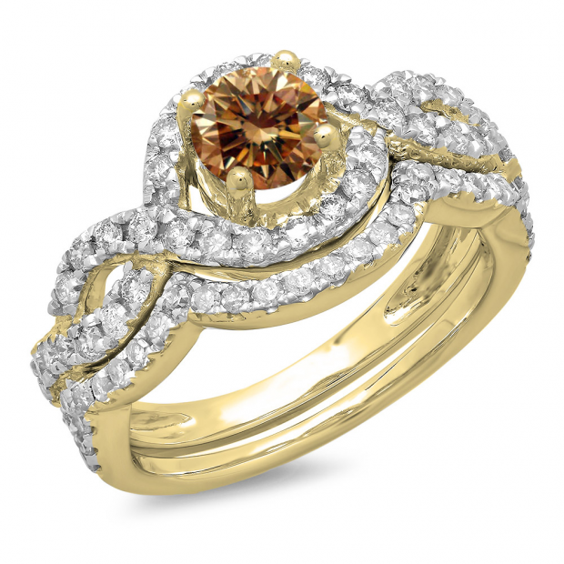 1.75 Carat (ctw) 10K Yellow Gold Round White & Champagne Diamond Ladies Swirl Bridal Halo Engagement Ring With Matching Band Set 1 3/4 CT