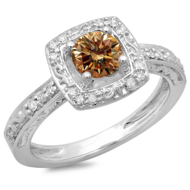 1.00 Carat (ctw) 18K White Gold Round Cut White & Champagne Diamond Ladies Vintage Style Halo Bridal Engagement Ring 1 CT